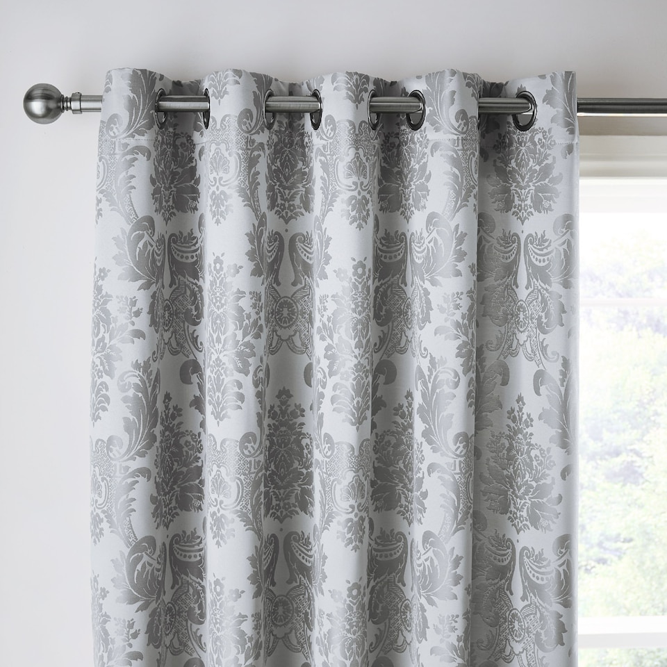 image 1 of Catherine Lansfield Damask Jacquard Lined Eyelet Curtains | Silver | Silver Grey