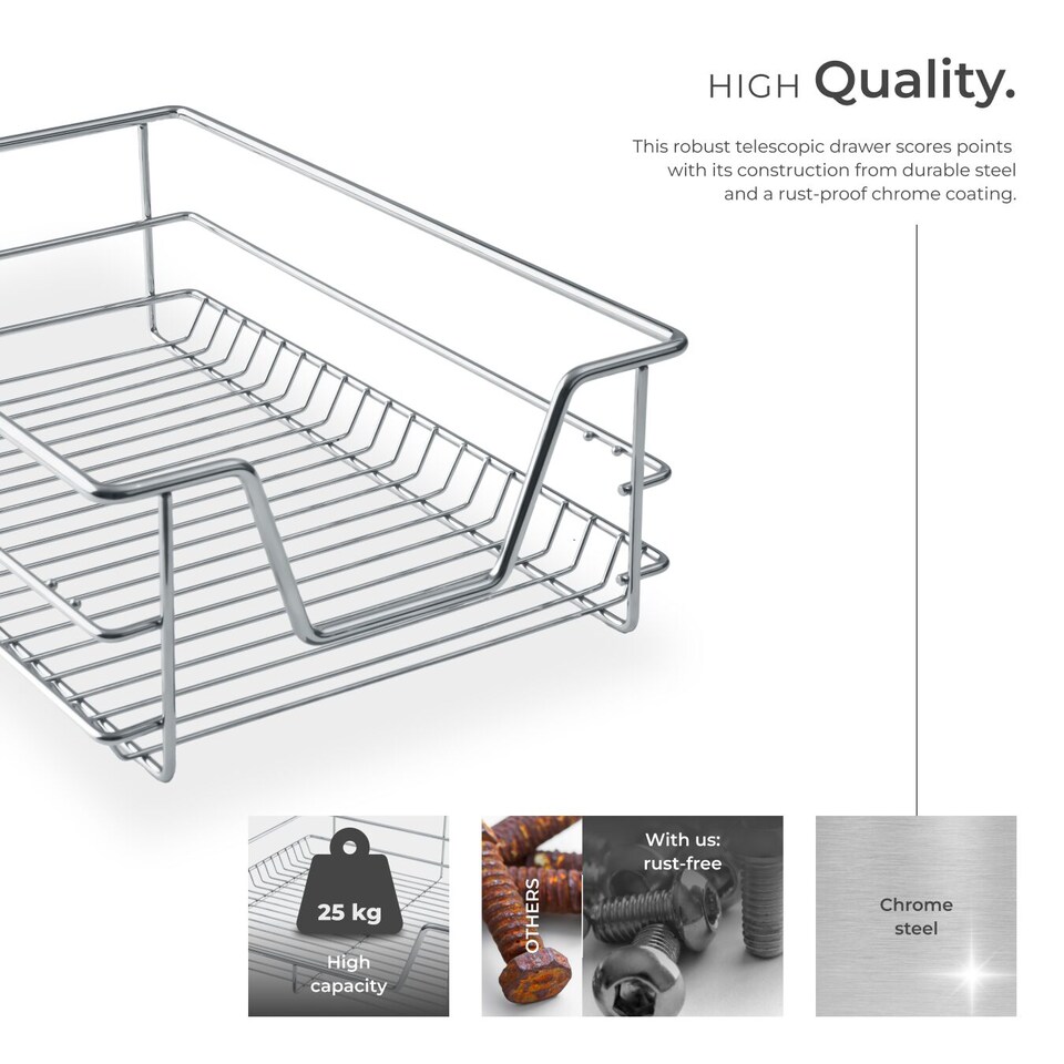 image 1 of Drawer with Telescopic Runners - chrome finish, adjustable width, with full extension | Grey | grey | 40 cm | 1
