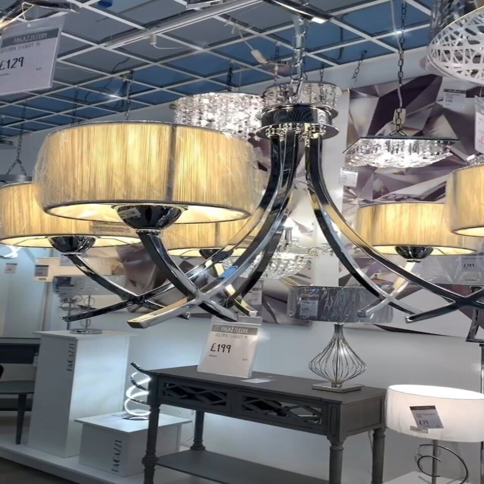 image 1 of Justina 5 Light Polished Chrome Chandelier with Silver String Shade