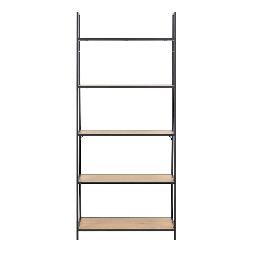image 1 of Seaford Black Metal Ladder Bookcase with 5 Oak Shelves