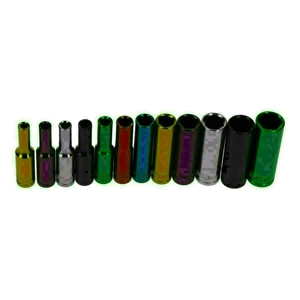 image 1 of 12pc Coloured 1/4" Dr Deep Sockets 6 Point Hex Metric 4 - 13mm With Rail