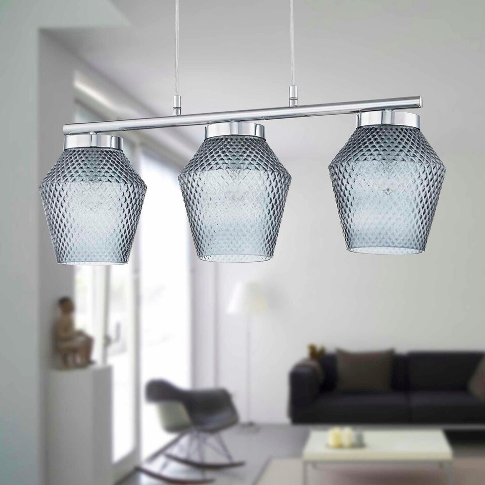 image 1 of First Choice Lighting Set of 2 Fraser Smoked Textured Glass 3 Light Pendant Bars Chrome | Clear
