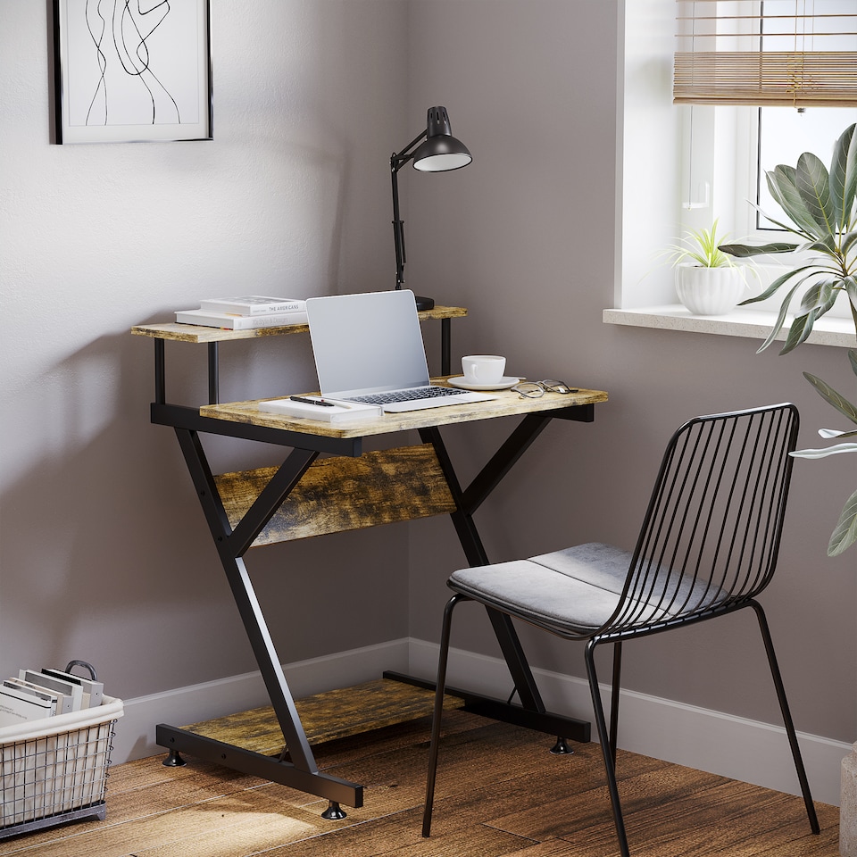 image 1 of HOMCOM Industrial Computer Desk with Monitor Stand, 70 x 60cm Compact Desk for Small Spaces, Home Office Desk, Rustic Brown