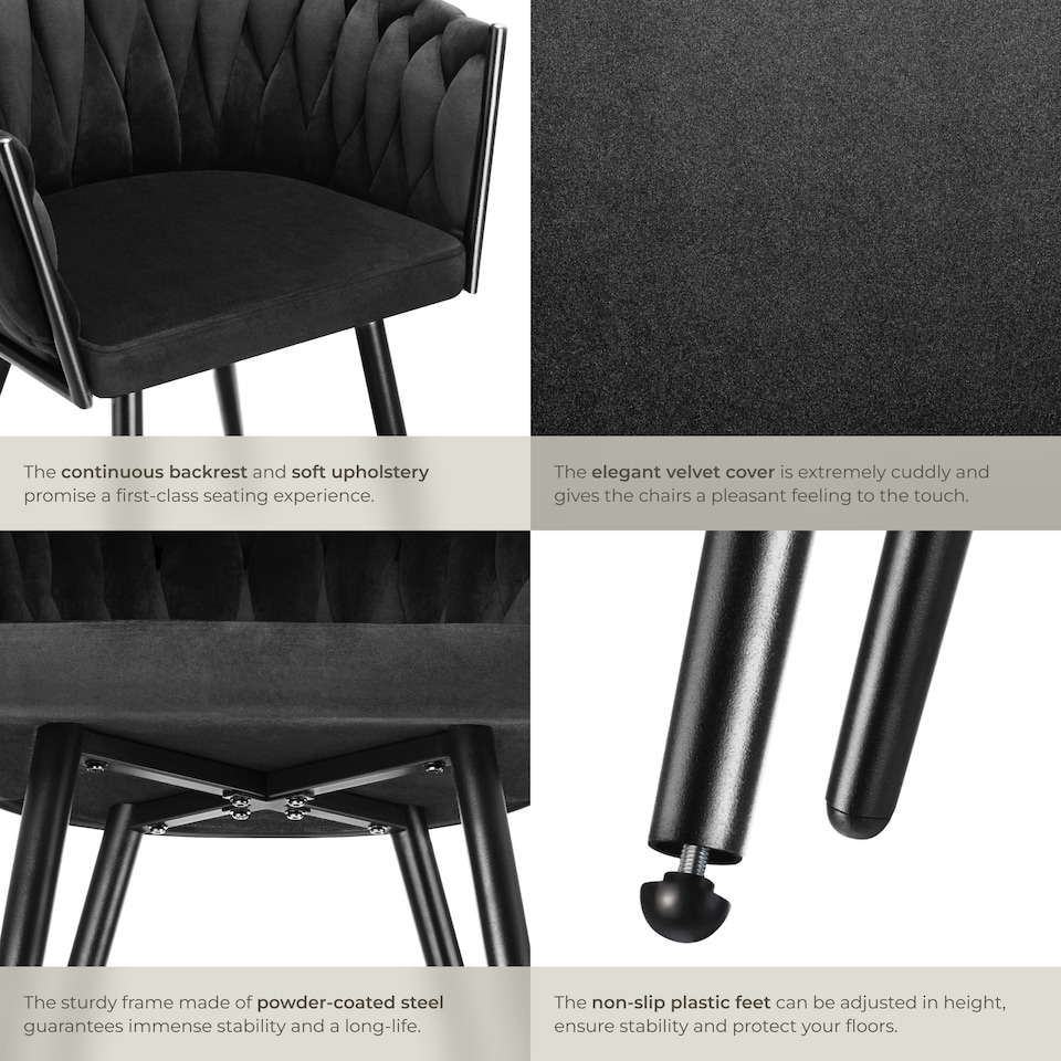 image 1 of Dining Chair Astano - padded, velvet, knot design, continuous backrest | Black | black | 2
