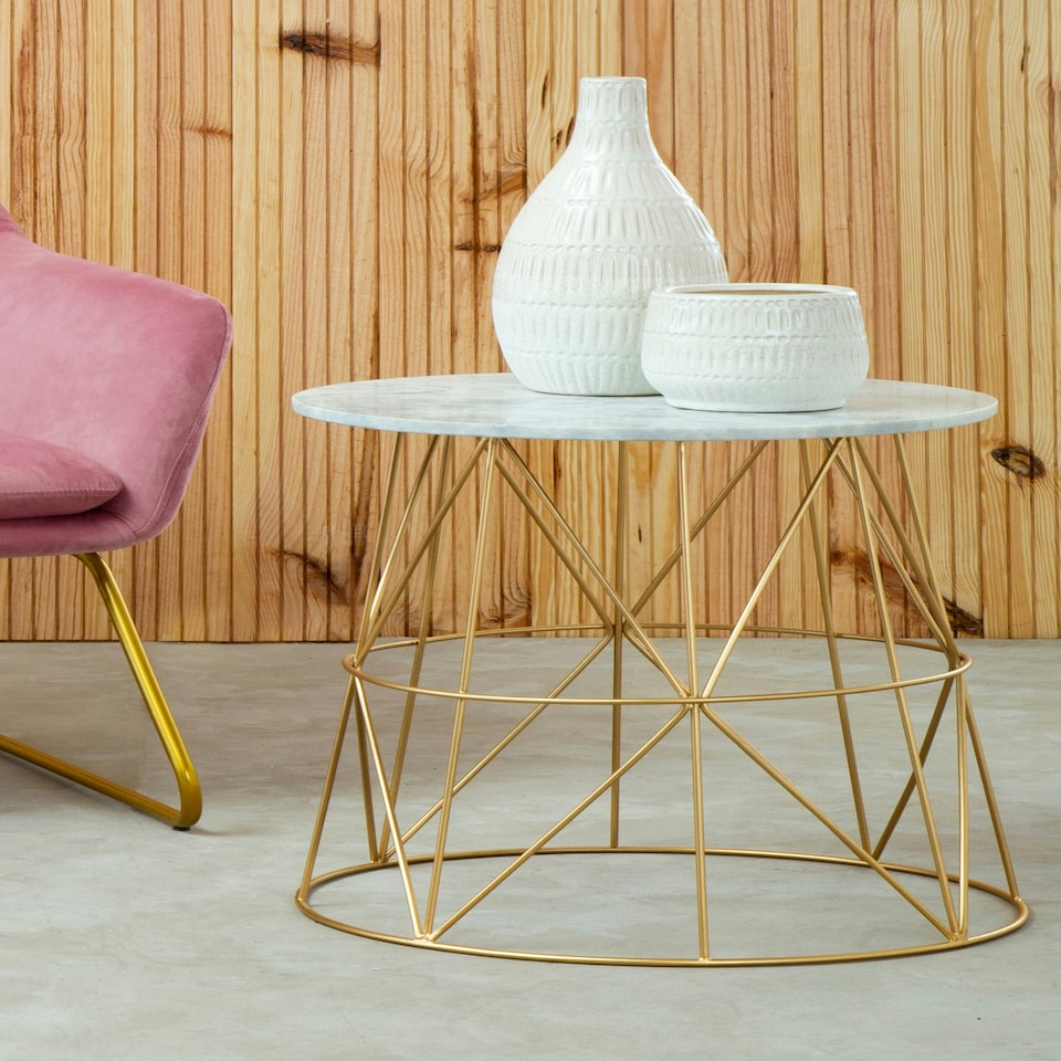 image 1 of Interiors by Premier Marble Top White Side Table, Open Design Frame Bedside Table, Round End Table for Living Room, Lounge Gold