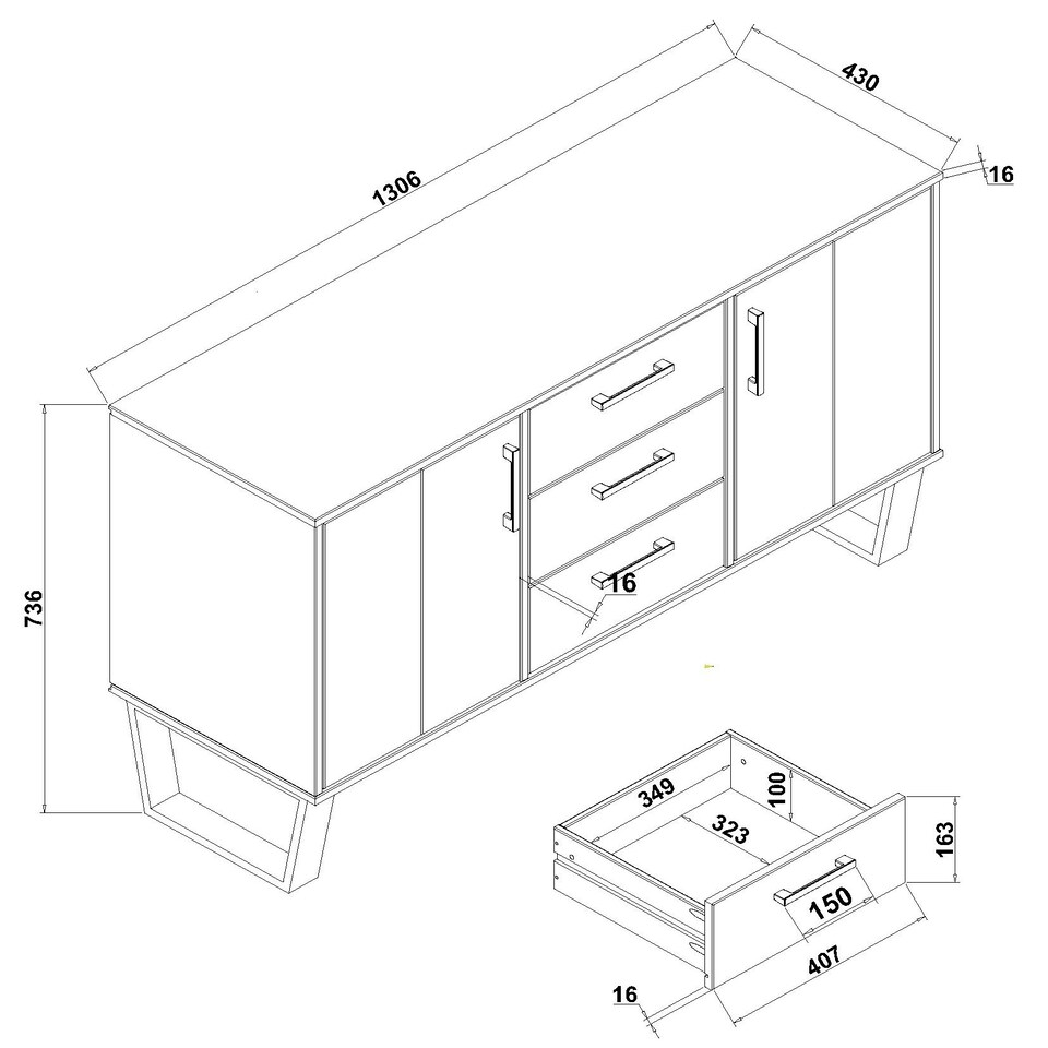 image 1 of Texas, Medium Sideboard With 2 Doors, 3 Drawers Brown