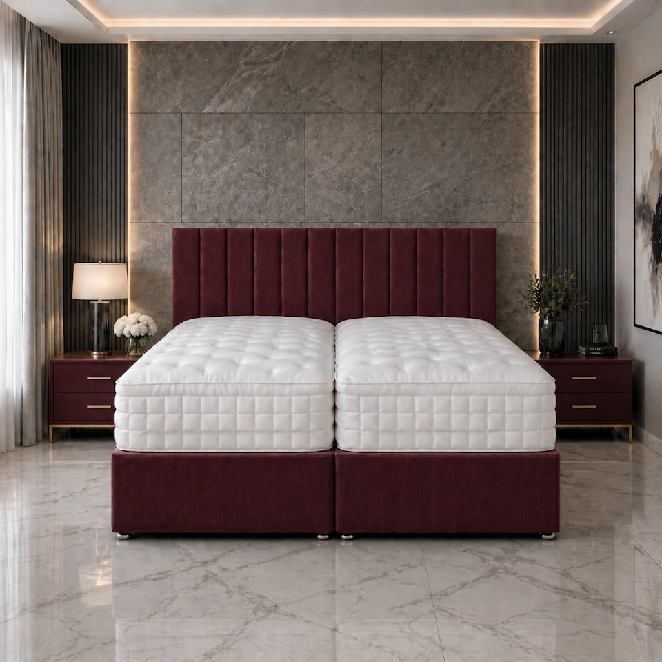 image 1 of 5ft Kingsize Zip Link 6x3 Length Maroon Plush Divan Bed Full Set 4 Drawers