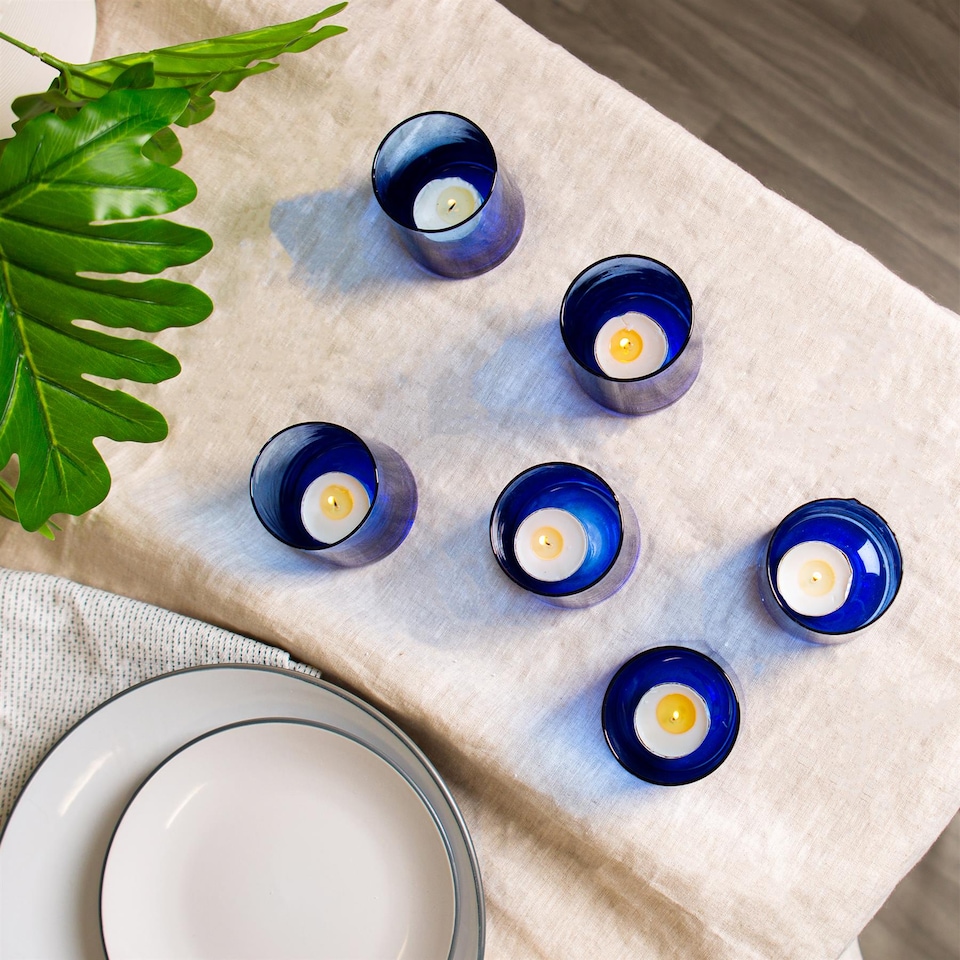 image 1 of Nicola Spring Merzouga Recycled Glass Tealight Holders - 7cm - Blue - Pack of 3 | Blue | Blue