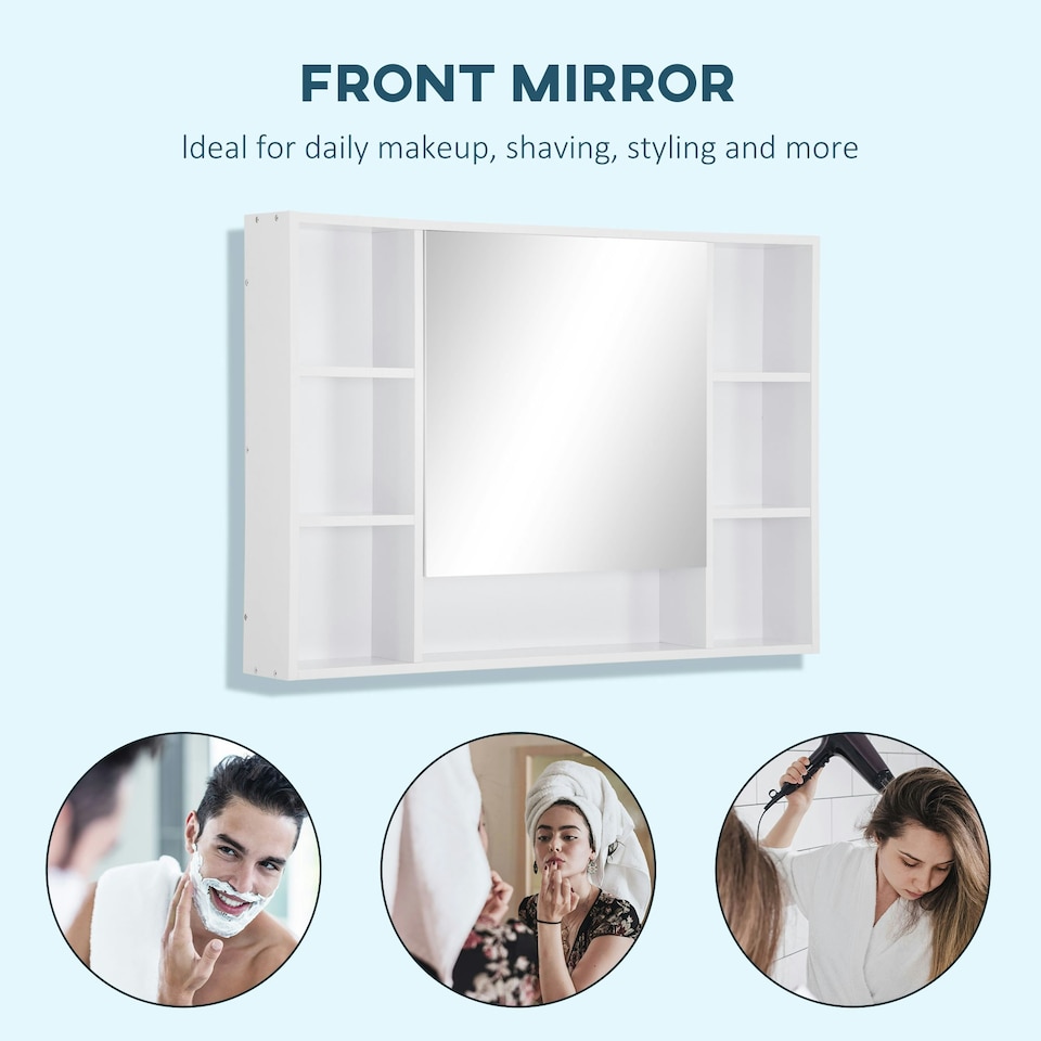image 1 of kleankin Bathroom Cabinet Wall Mount Storage organiser Mirror Shelves White White