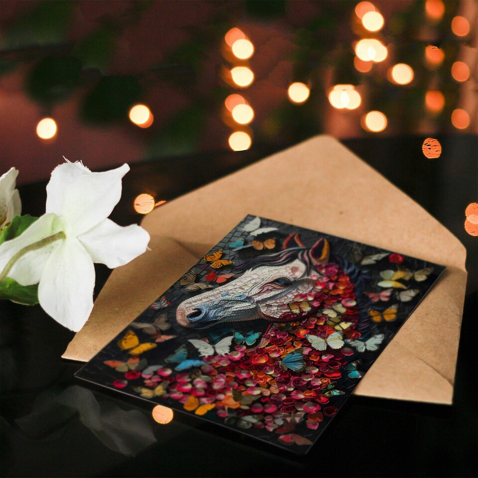 image 1 of Butterflies Horse Mosaic Nature Floral Portrait Child Kids Birthday Card