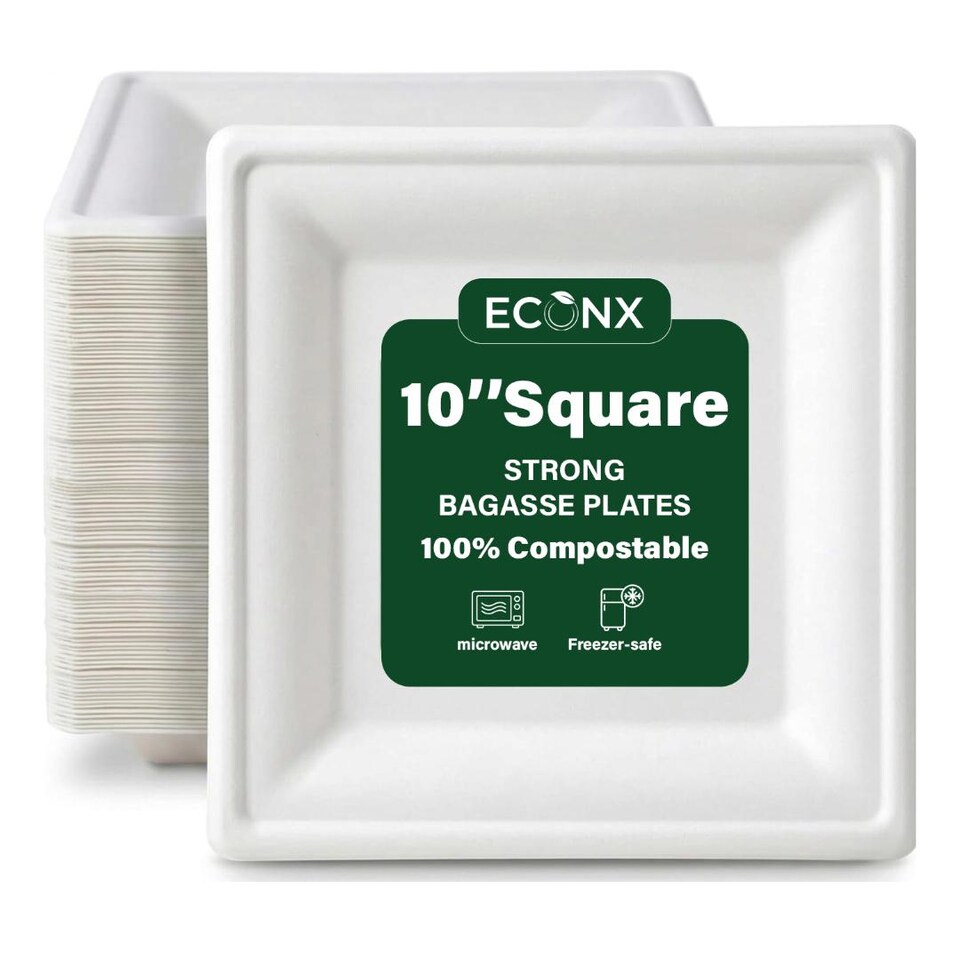 image 1 of ECONX 10 Inch Large Square Disposable Bagasse Plates Biodegradable Strong Paper Plates 50pk