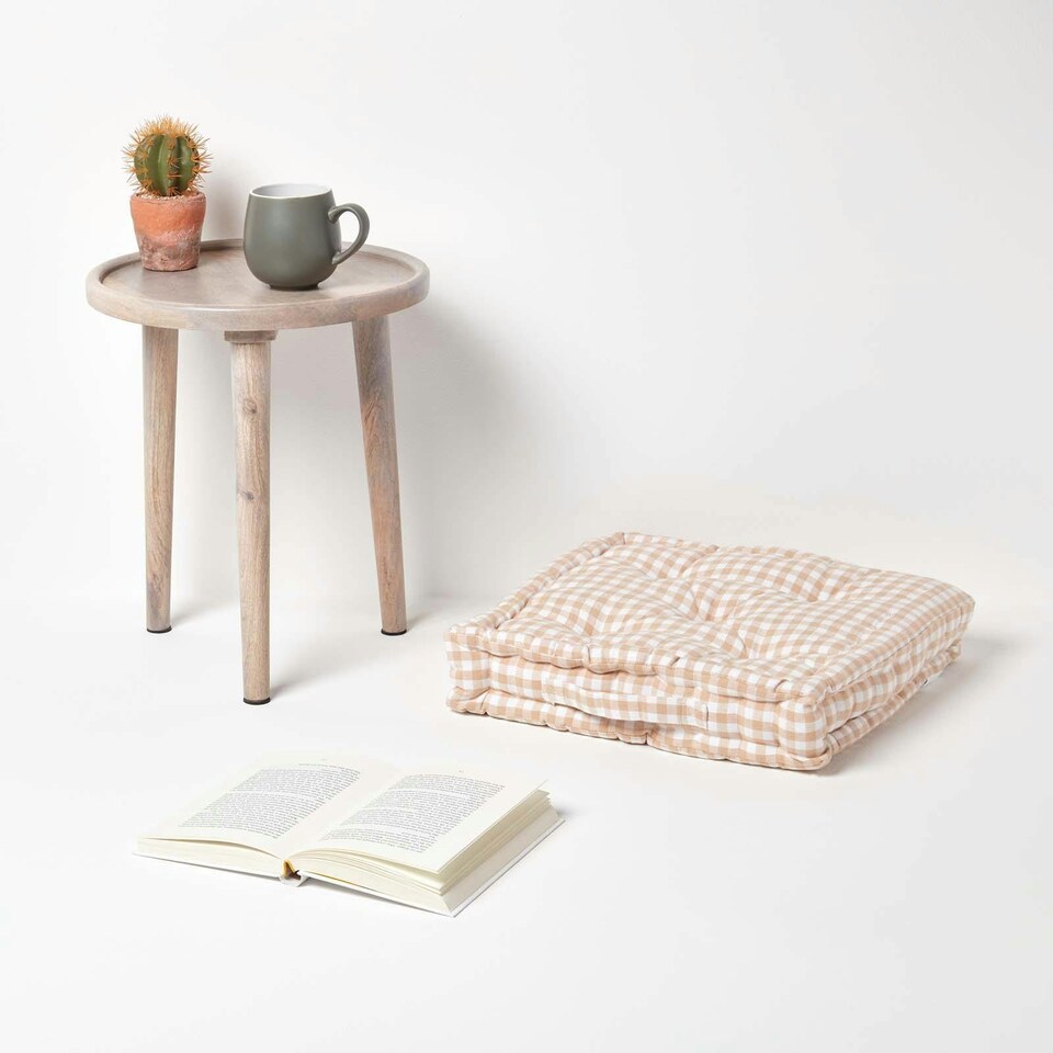 image 1 of Homescapes Cotton Gingham Check Beige Floor Cushion - 50 x 50 cm | Cream | Beige | 50 x 50 cm