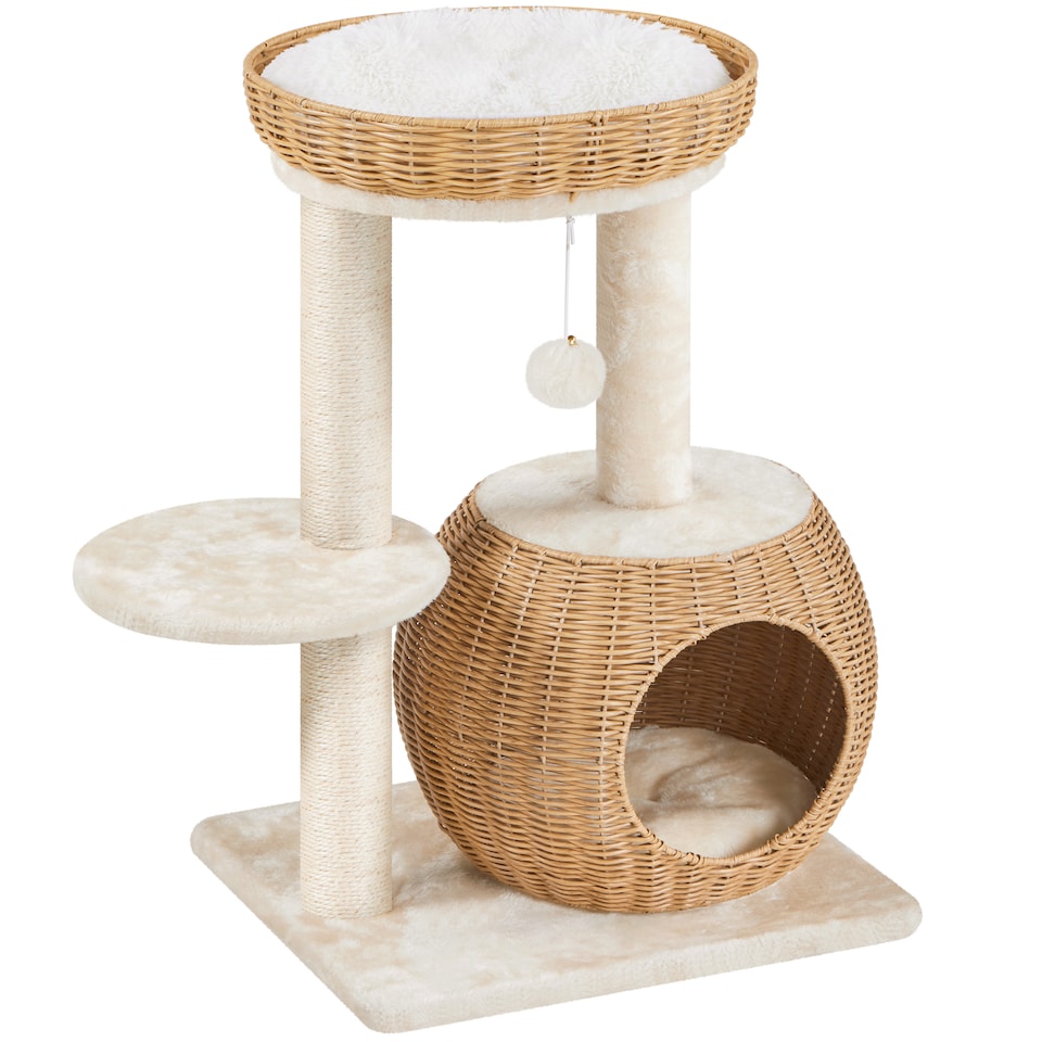image 1 of Yaheetech 72cm Rattan Cat Tree with Sisal Scratching Post, Wicker Condo, Basket and Removable Soft Cushion, Cat Furniture for Small and Medium Cats, Beige