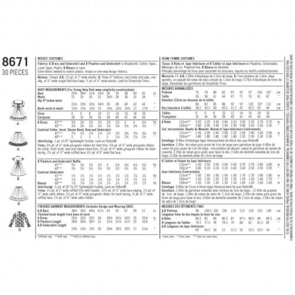 image 1 of Simplicity 8671 Paper Sewing Pattern – Women’s Costumes & Dresses, Size P5 (12–14–16–18–20), Intermediate