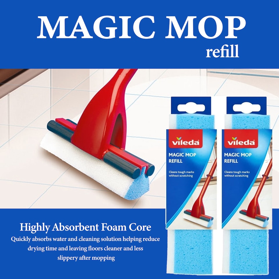 image 1 of Vileda Magic Mop Refill 3 Action Sponge Head Absorbent Foam Non Scratch Cleaning Mop Head Replacement Easy Pack of 2
