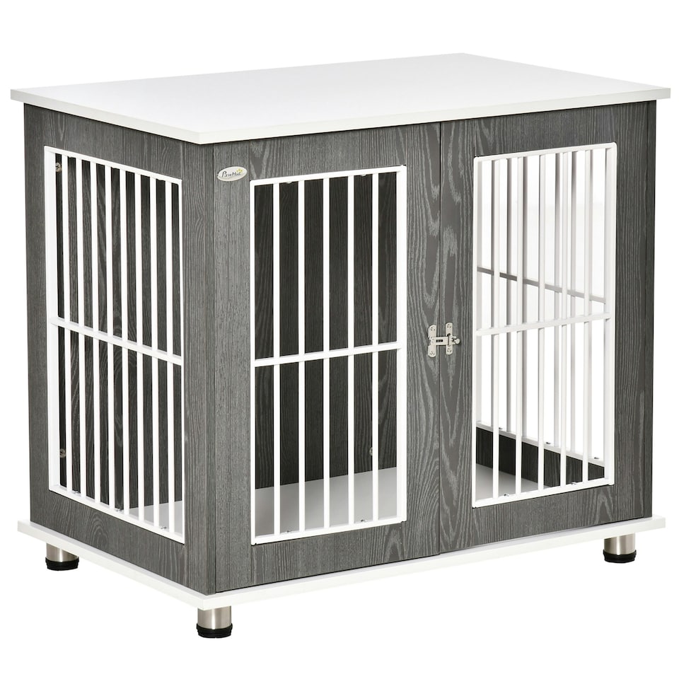 image 1 of PawHut Modern Dog Crate Pet Kennel Cage w/ Lockable Door - Grey & White