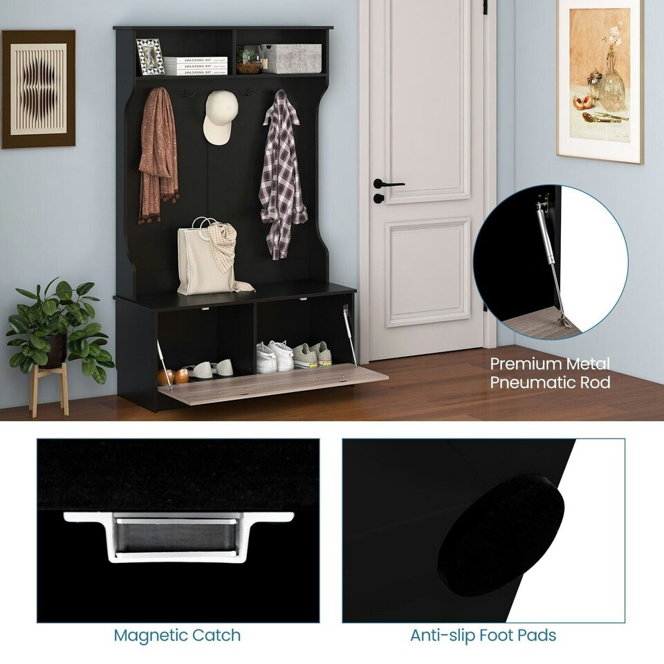 image 1 of COSTWAY 3-in-1 Freestanding Hall Coat Rack Stand Shoe Bench Black Black | One Size