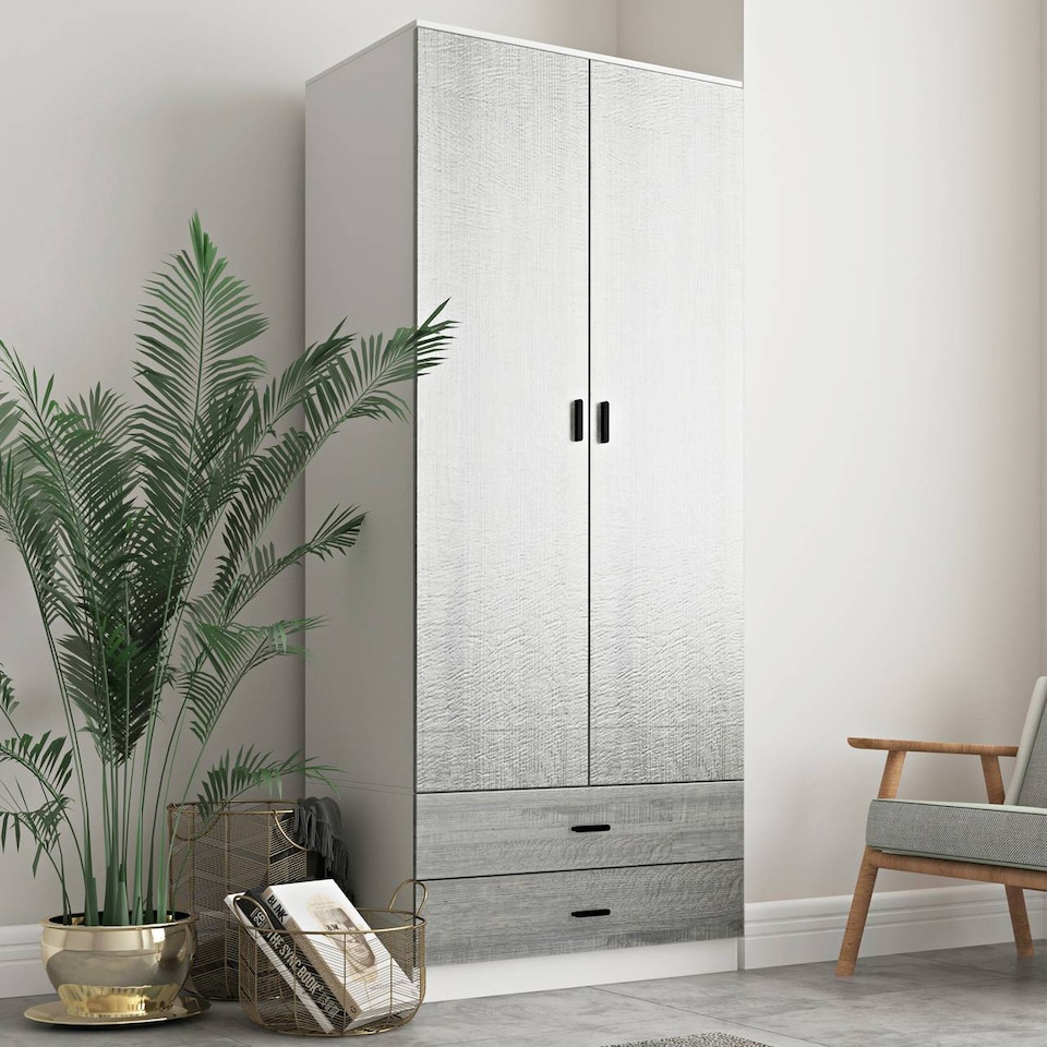 image 1 of 2-Door 2-Drawer Wardrobe with Storage Shelf, and Hanging Space - 180x75x46cm | White | White & Ash Grey | 1