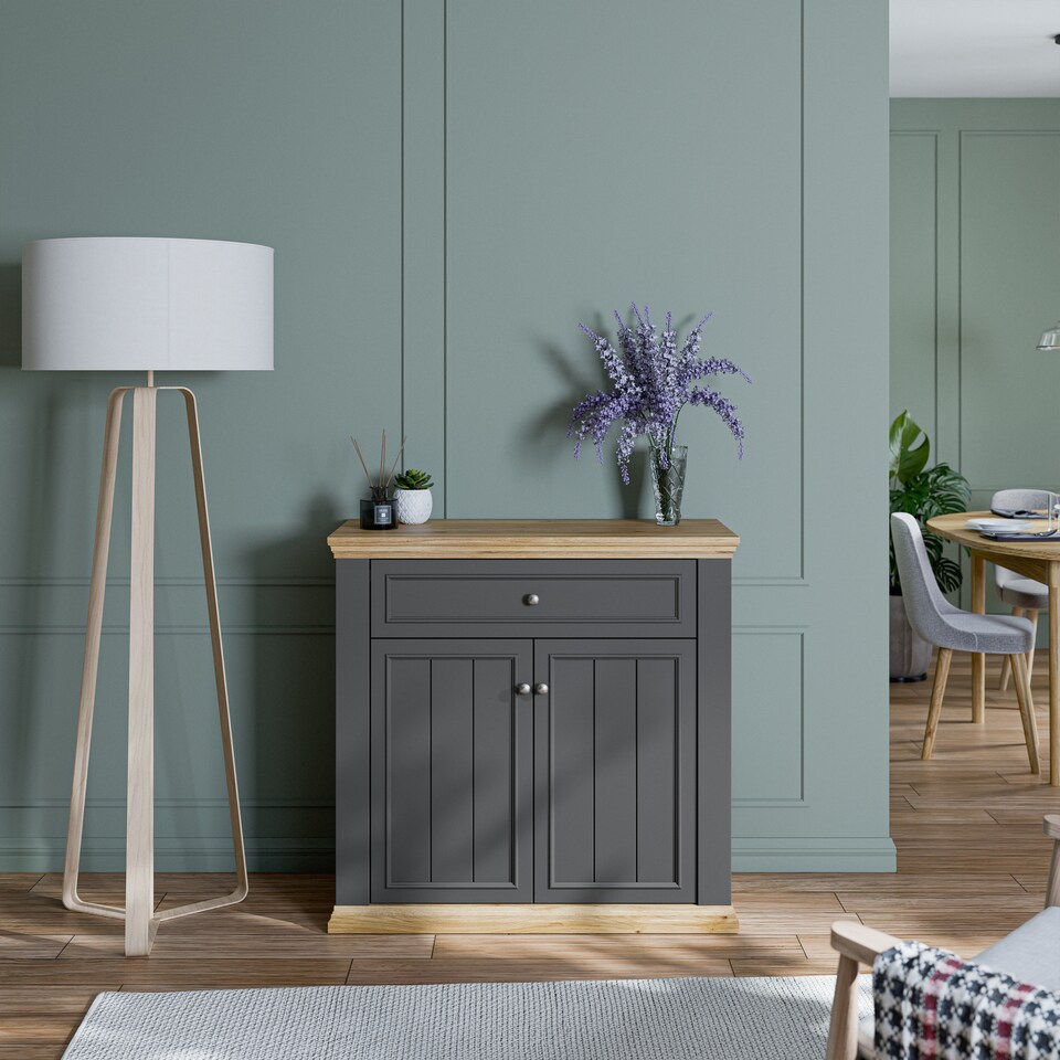 image 1 of Pontypool 2 Door 1 Drawer Small Sideboard in Wolfram Grey and Mauvella Oak
