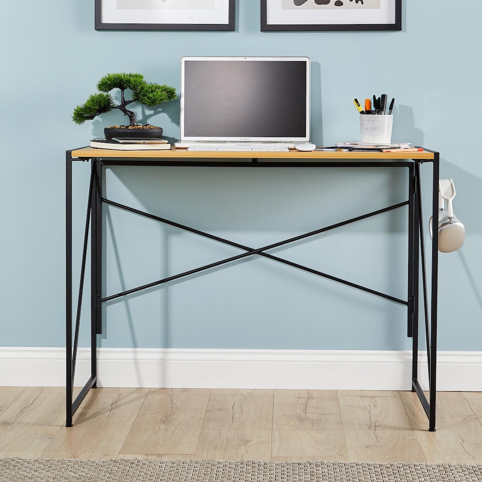 image 1 of Folding Compact Desk Storage Hook Wood Metal Office Computer Table Workstation | Brown