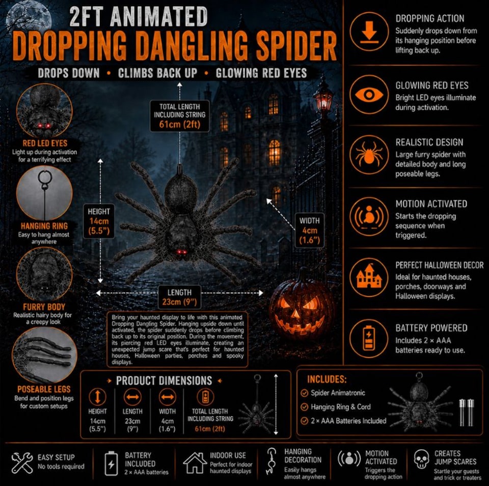 image 1 of 3 Pack of 2ft Battery Operated Dropping Dangling Halloween Spider Animatronic Decoration