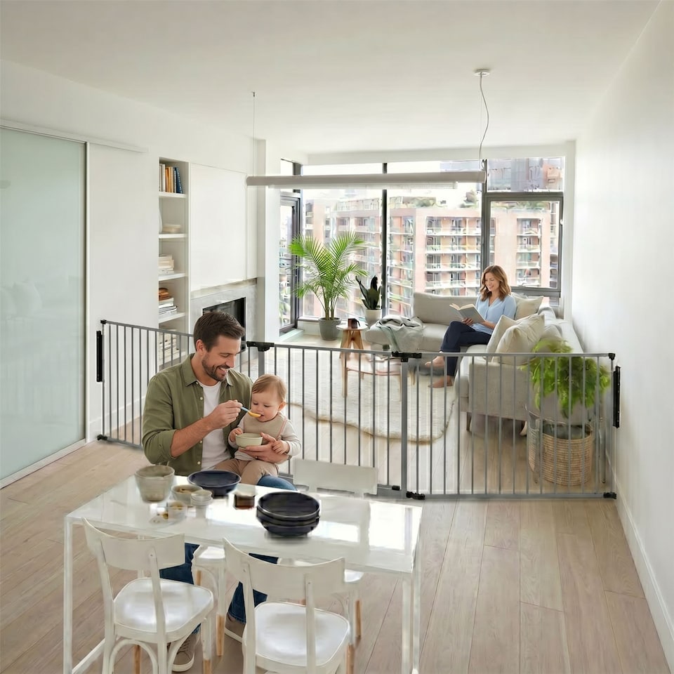 image 1 of Safetots Premium Multi Panel Room Divider, up to 154cm Wide, Grey, 70cm Tall, Flexible Barrier with Door for Baby and Toddler | Grey