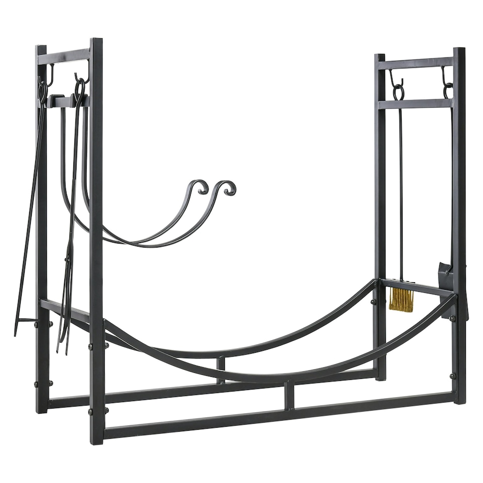 image 1 of Outsunny Firewood Stand Log Rack Holder 84cm with 4-PC Fireplace Tools Set Black