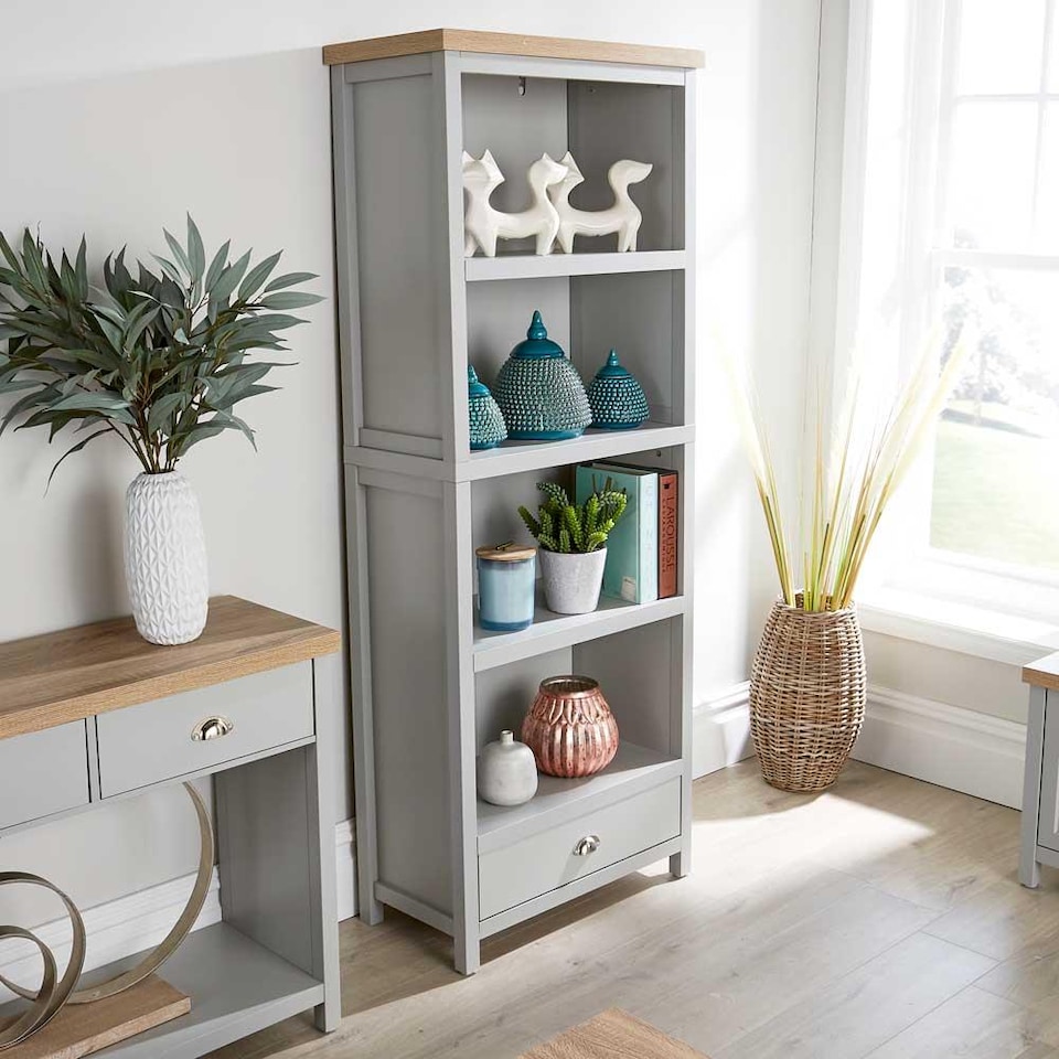 image 1 of Grey Oak Tall Bookcase Display Unit 4 Bookshelves Storage Drawer Metal Handles