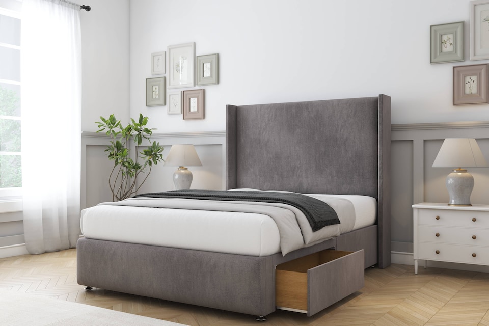 image 1 of Sloomy Stratford Slate Naples Divan Bed With Mattress 2 Drawers Footend With 54" Wingback Headboard & 12" Matching Footboard 4'6 Double | Grey | Slate | Double | 1