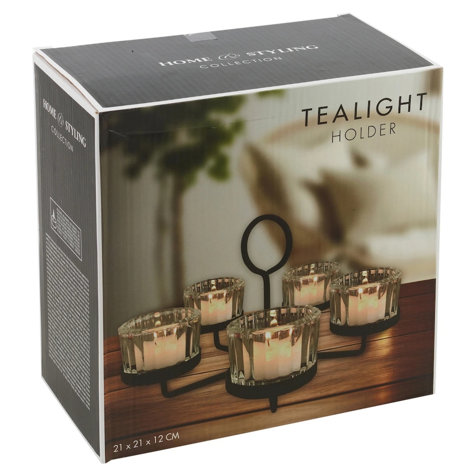 image 1 of 5-Arm Glass & Black Metal Tea Light Candle Holder Candelabra Wedding Centrepiece