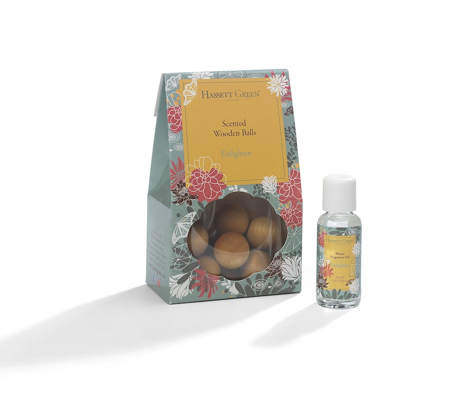 image 1 of Hassett Green London - Enlighten Patchouli - Scented Wooden Balls Pack of 12 plus 30ml Bottle of Home Fragrance Oil for Refreshing - Alternative to Pot Pourri, Diffusers and Sachets
