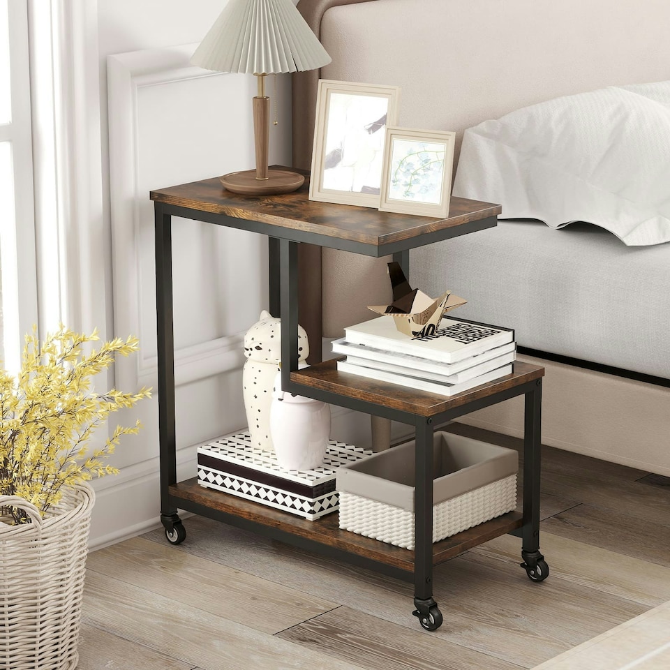 image 1 of COSTWAY G-Shaped Side Table 3-Tier Rolling End Table | Brown