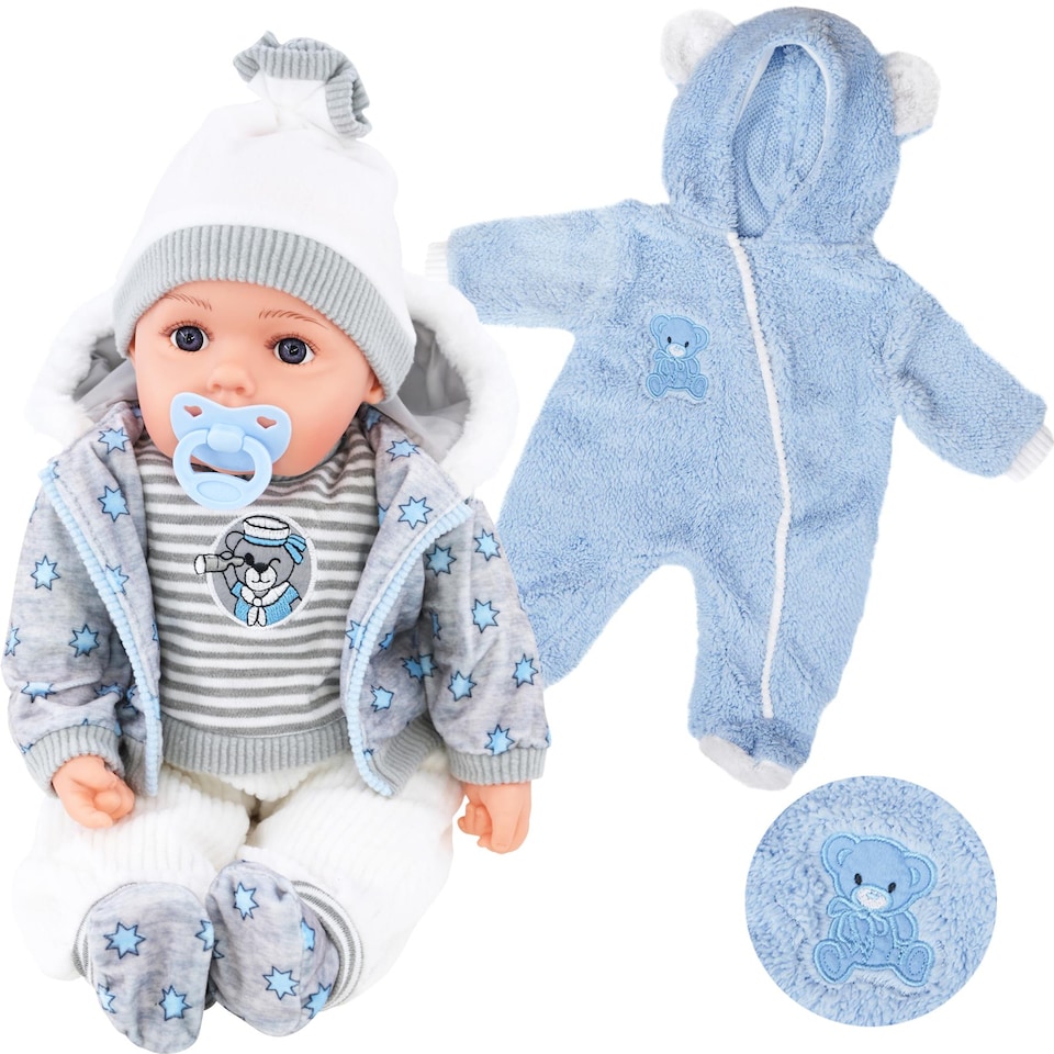 image 1 of BiBi Doll 20" Navy Baby Doll Boy with Grey Jacket, Extra Outfit, Sounds & Dummy Toy