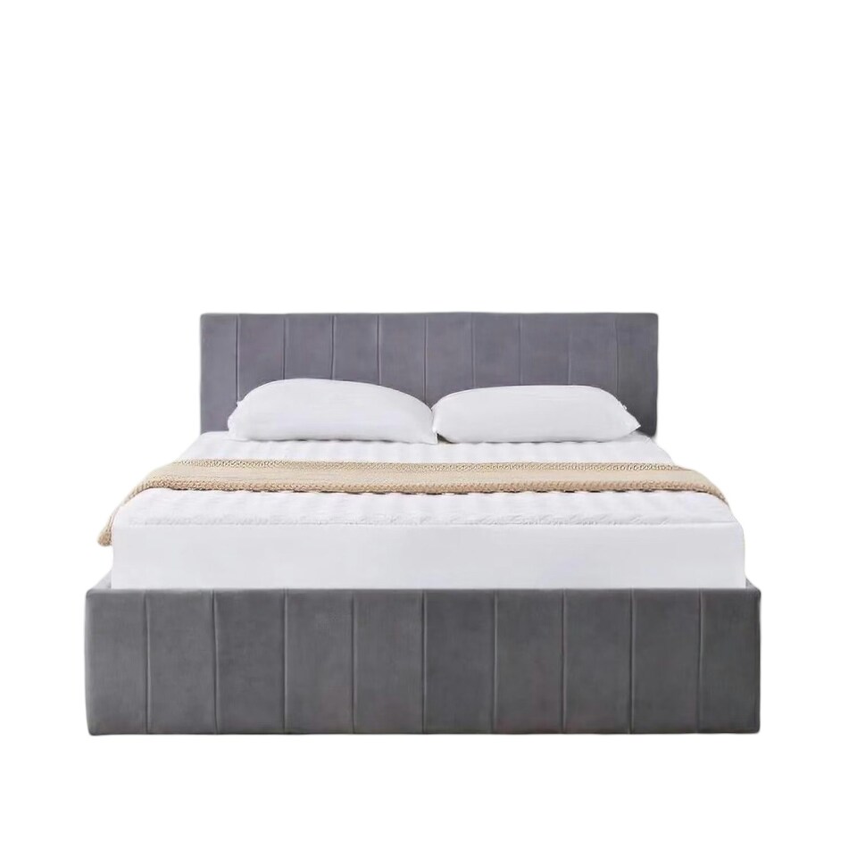 image 1 of Ottoman Storage Bed grey 3ft single and 1 mattress line pattern fabric velvet bedroom furniture