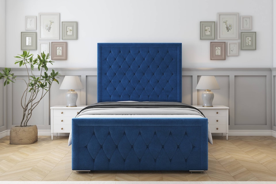 image 1 of Sloomy Monroe Navy Plush Bed Frame With Mattress With 50" Upholstered Headboard 3' Single