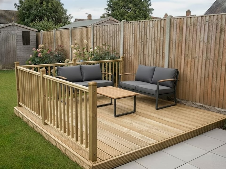 image 1 of eDecks Standard Redwood Decking Kit, 145mm, 3.6 x 3.6m - Square Handrails