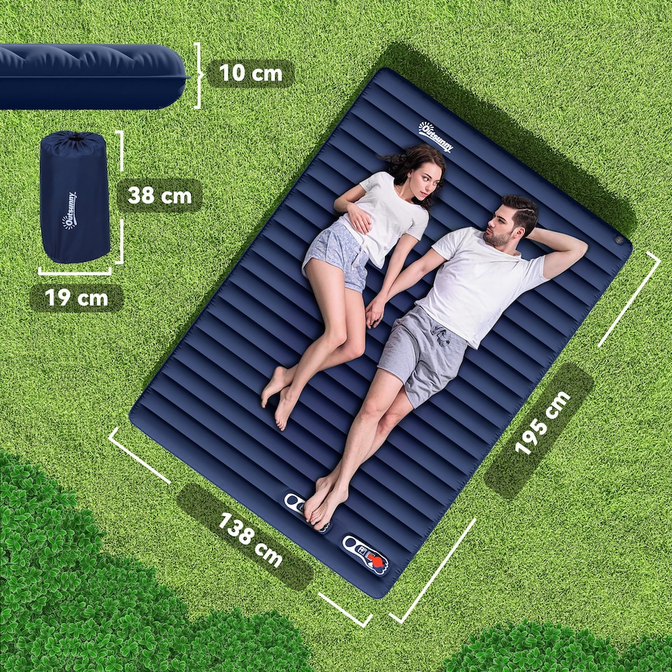 image 1 of Outsunny Portable Inflatable Camping Bed with Double Mattress Navy Blue