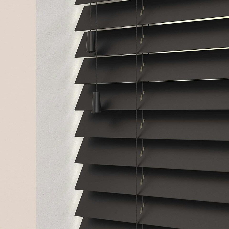 image 1 of 135cm Ink Black Wooden Venetian Blinds With Strings (130cm drop) | Black | Black