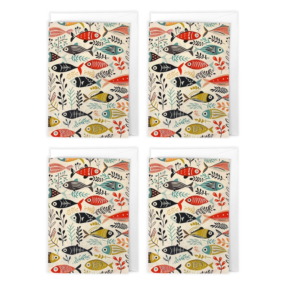 image 1 of Scandi Fish Pattern Art Cards Pack of 4 Coastal Marine Greeting Cards