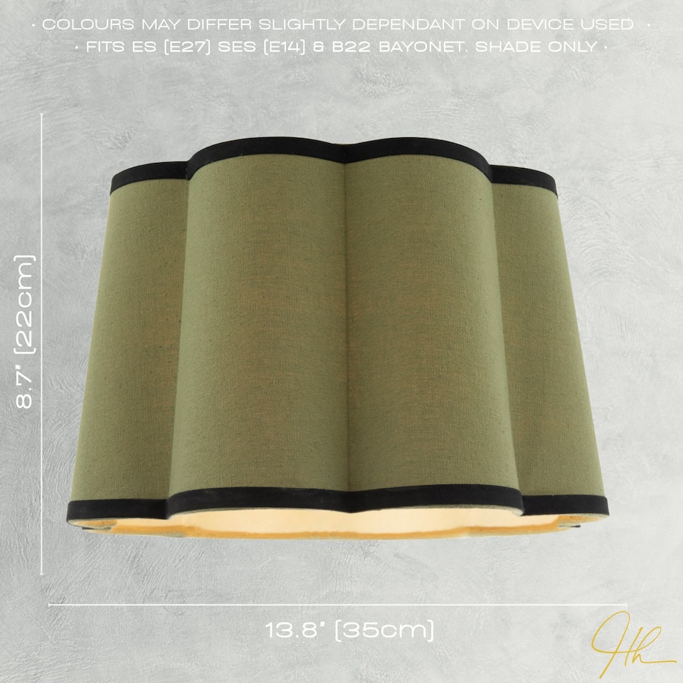 image 1 of Olive Green Linen Scallop Drum Lamp Shade with Black Cotton Trims | Green | Olive Green | 1