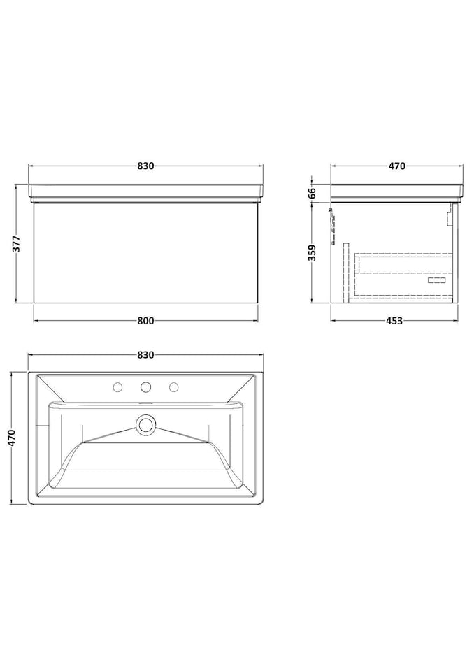 image 1 of Balterley Pershall Contemporary Wall Hung 1 Drawer Vanity Unit with Traditional 3 Tap Hole Fireclay Basin, 800mm, Matt White