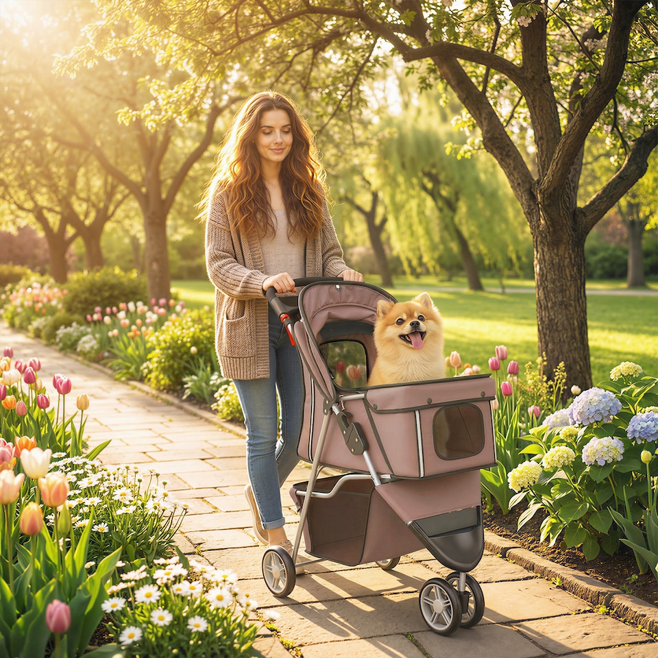 image 1 of PawHut Pet Stroller Pushchair Carrier for Cat Puppy with 3 Wheels Coffee