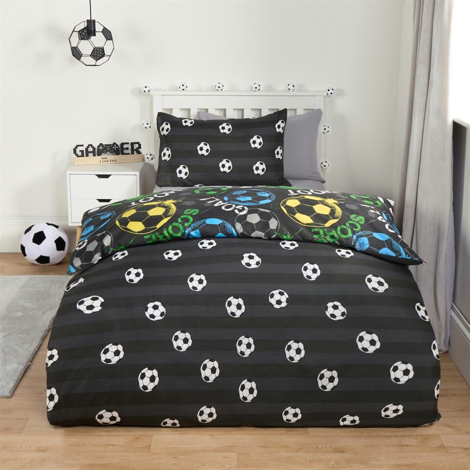 image 1 of OHS Kids Graphic Football Reversible Duvet Cover and Pillowcase Bedding Set, Single - Black