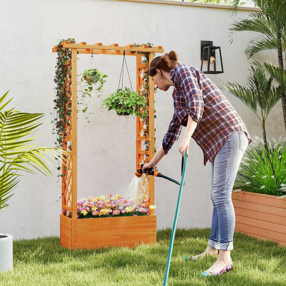 image 1 of COSTWAY Raised Garden Bed Wood Planter Box with Trellis Orange