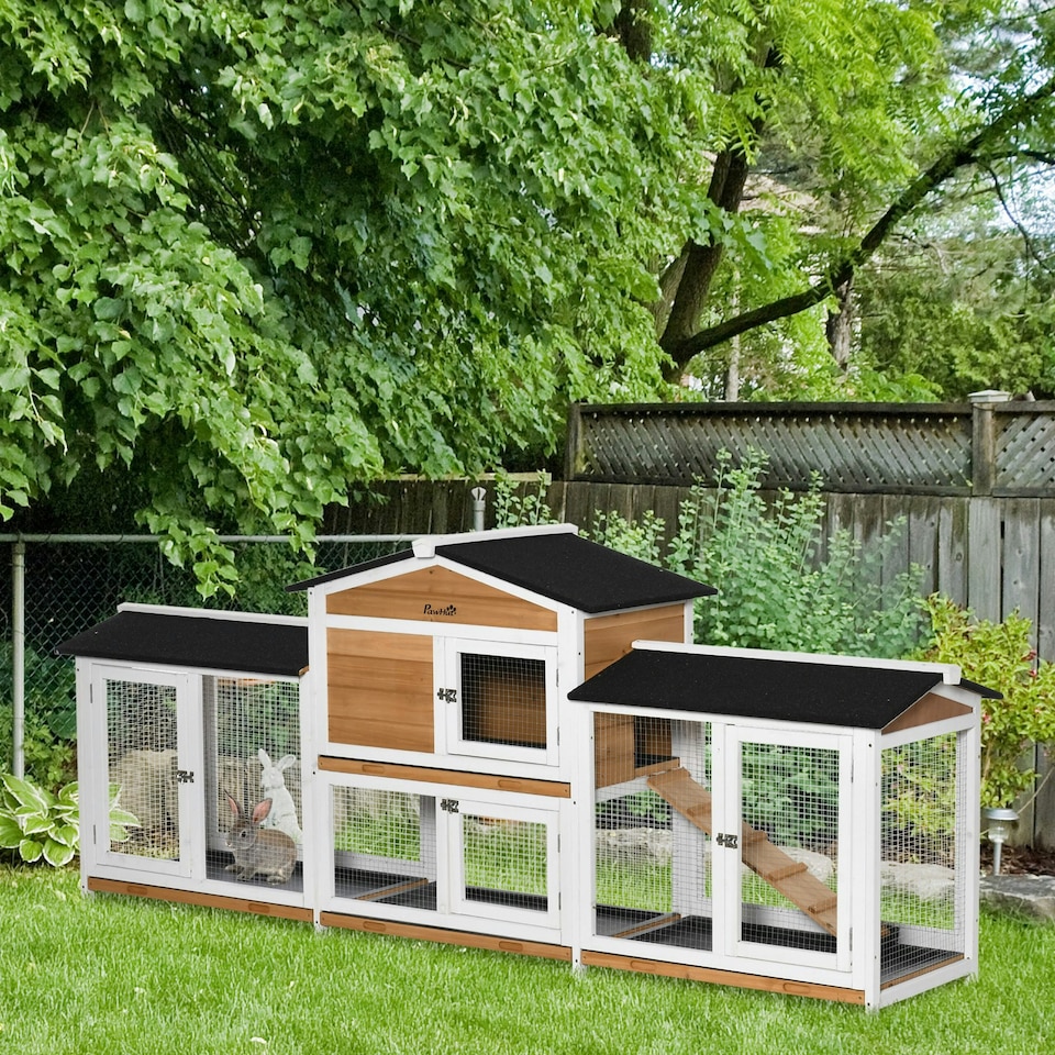 image 1 of PawHut Rabbit Hutch, 2-Tier Guinea Pig Hutch, with Two Runs