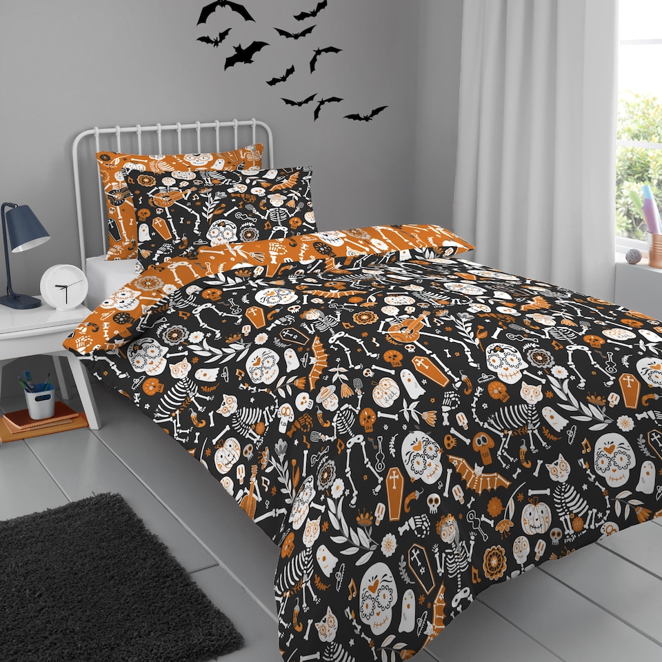 image 1 of Bedlam Halloween Day of the Dead Duvet Cover Set Black/Orange