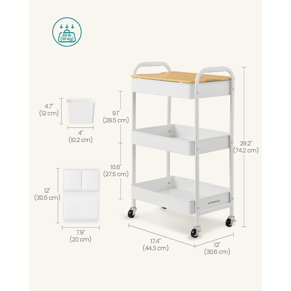 image 1 of 3-Tier Rolling Trolley, Utility Cart with Tabletop, Side Pockets, for Kitchen, Office or Bathroom, Cloud White