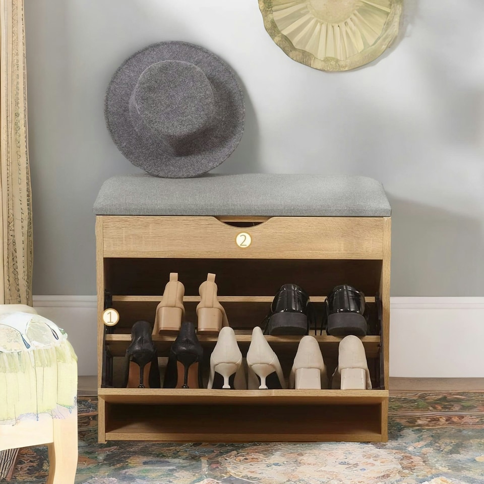 image 1 of Shoe Storage Bench With Cushioned Seat and Hidden Storage Natural Brown Brown
