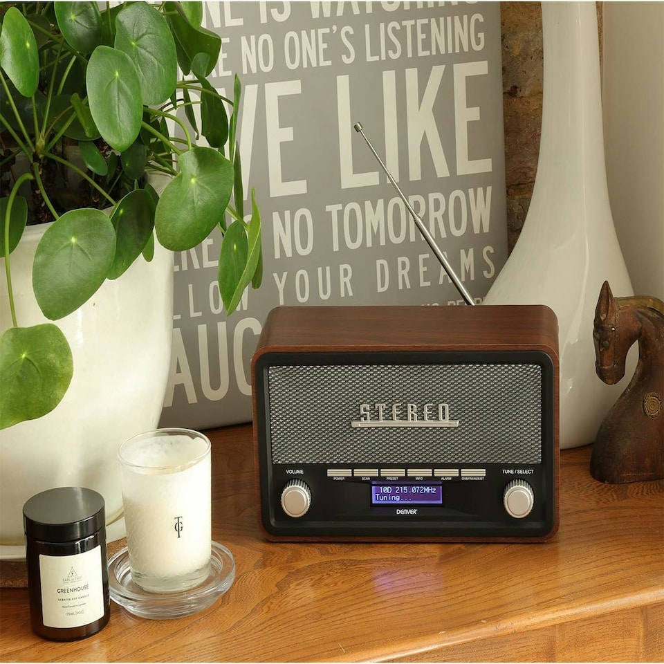 image 1 of Vintage Style Stereo DAB/DAB+ & FM Radio – Grey Wood Cabinet, Bluetooth, Clock Radio Alarm, AUX IN for Smart Phone/Tablet / MP3 Player – Mains or Battery