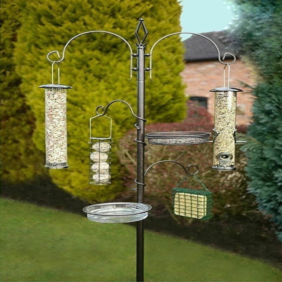 image 1 of Deluxe Garden Wild Bird Feeding Station 4 Hangers, Feeder Tray, Plastic Bird Bath